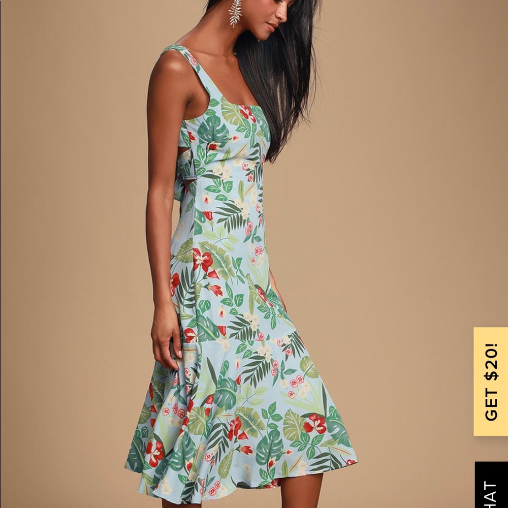 Lulus BLUE TROPICAL PRINT TIE-BACK MIDI DRESS S